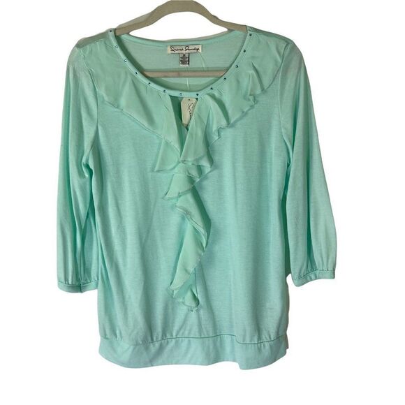 French Laundry Top Medium Blue Aqua Women Ruffle 3/4 Sleeve Colorful Sparkle New - Picture 3 of 5